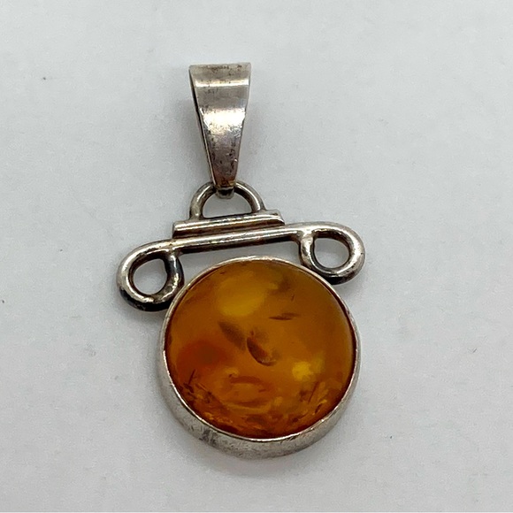 Vintage Jewelry - Vtg Sterling & Amber Cabochon Modernist Abstract Pendant 925 Silver | 1.4” x .9”